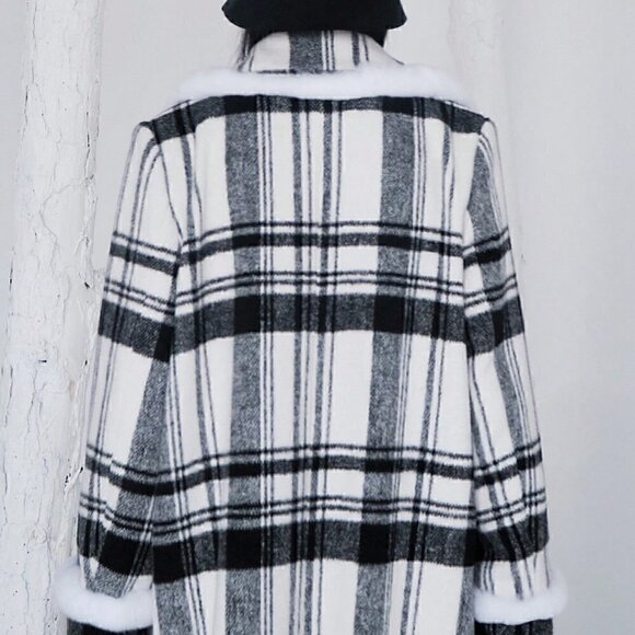 Black & White Preppy Womens Plaid Pattern Lapel Neck Overcoat - Picture 2 of 3